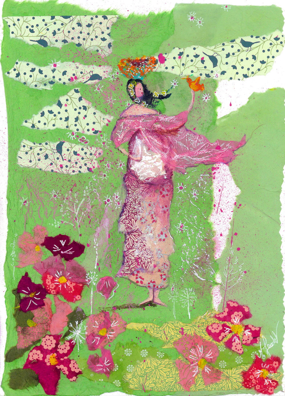 Illustration : une femme enceinte avec une robe à fleur parle à un oiseau. Elle a un nid sur la tête
