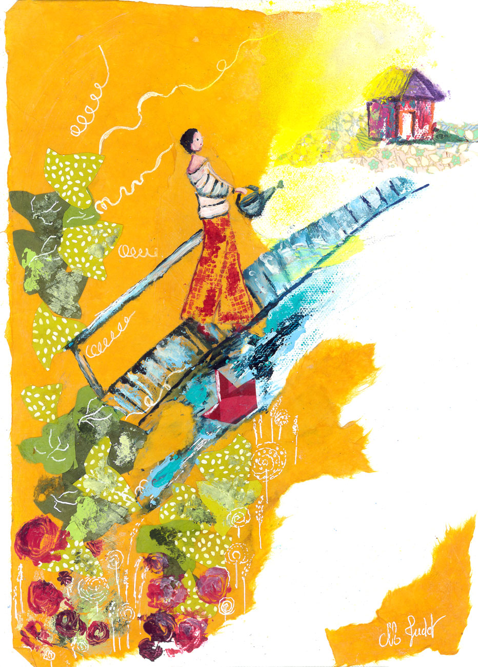 illustration : un homme est sur un escalier qui mène à une cabade dans une prairie, il tient un arrosoir à la main